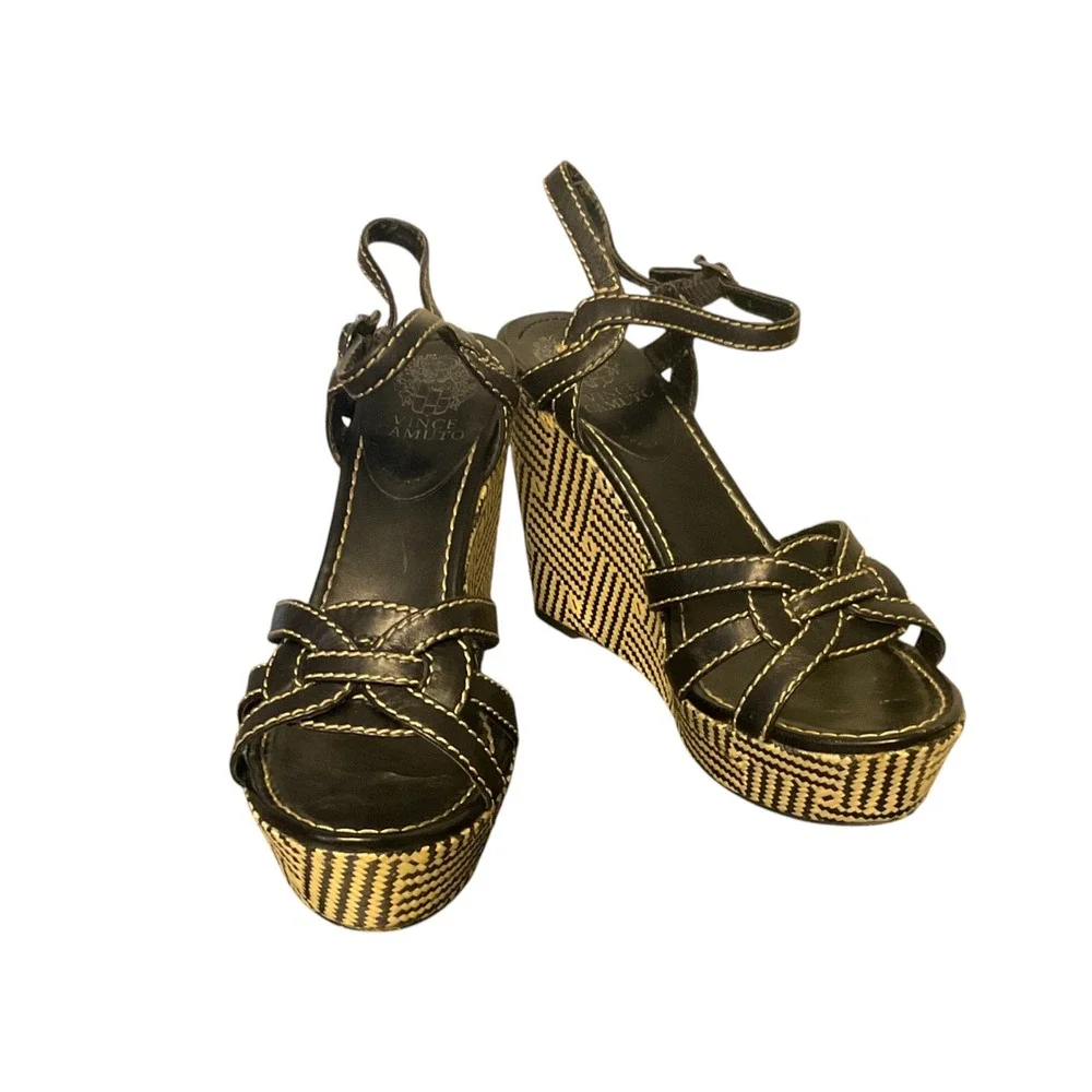Vince Camuto Black Leather Woven Geometric Platform Wedge Sandals 9B 39